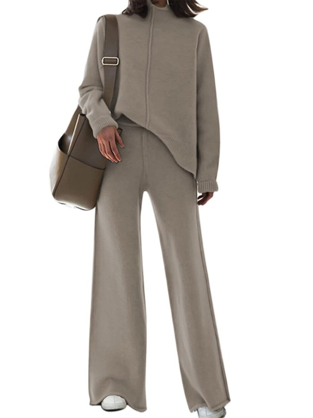 Women's 2 Piece Outfits Sweater Set Wide Leg Pants High Neck Sweatsuit